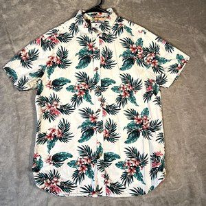 Denim and Flower Button Down Shirt Men's Medium White Short Sleeve Shirt